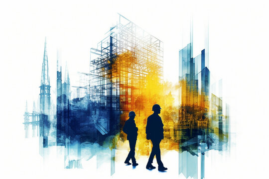 Construction site with workers and cranes, created using a double exposure technique with blue and orange colors. The artwork conveys the sense of progress and growth. Ai generated
