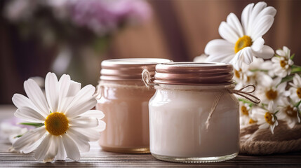 Fototapeta na wymiar Natural organic eco cosmetics in open jars with blooming cherry flowers, beauty and SPA theme. Cosmetic containers with cream or lotion, natural ingredients, face care concept. Generative Ai