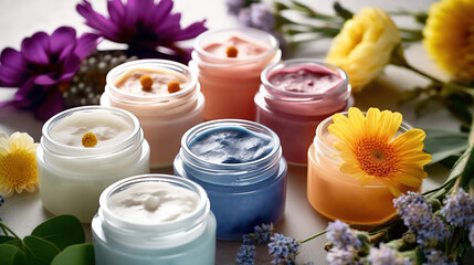 Fototapeta na wymiar Natural organic eco cosmetics in open jars with blooming cherry flowers, beauty and SPA theme. Cosmetic containers with cream or lotion, natural ingredients, face care concept. Generative Ai