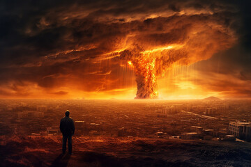 The End of All Things. Man watching the destruction of the world, featuring a giant atomic explosion, emphasizing the need for peace, diplomacy, and international cooperation. Ai generated