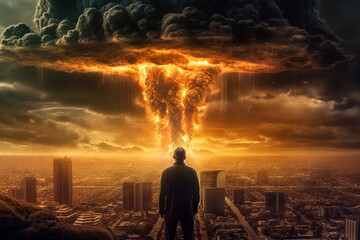 The End of All Things. Man watching the destruction of the world, featuring a giant atomic explosion, emphasizing the need for peace, diplomacy, and international cooperation. Ai generated - obrazy, fototapety, plakaty