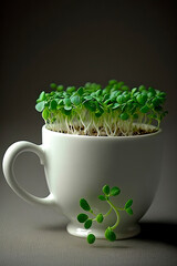 Cup filled with green sprouts on the table. Generative AI