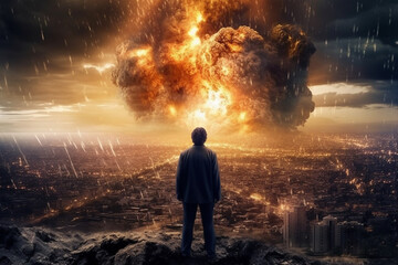 The End of All Things. Man watching the destruction of the world, featuring a giant atomic explosion, emphasizing the need for peace, diplomacy, and international cooperation. Ai generated