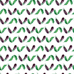 Watercolor seamless pattern with ripe shiny eggplants