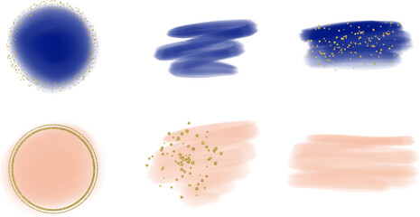 Blue and pink watercolor hand drawing splashes with golden glitter frames
