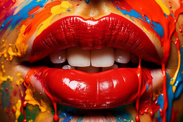 Woman's lips painted with vibrant, colorful paint. The artwork celebrates the beauty and diversity of human appearance. Ai generated