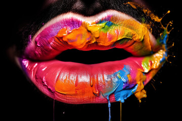 Woman's lips painted with vibrant, colorful paint. The artwork celebrates the beauty and diversity of human appearance. Ai generated