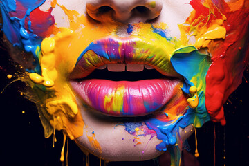 Woman's lips painted with vibrant, colorful paint. The artwork celebrates the beauty and diversity of human appearance. Ai generated