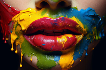 Woman's lips painted with vibrant, colorful paint. The artwork celebrates the beauty and diversity of human appearance. Ai generated