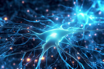 Neural network made of neurons with connected bioluminescent elements, featuring a close-up detail of the intricate web of neural connections. Ai generated