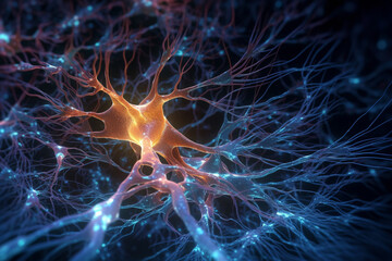 Neural network made of neurons with connected bioluminescent elements, featuring a close-up detail of the intricate web of neural connections. Ai generated