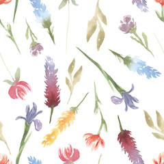 Watercolor floral seamless pattern in vintage rustic style, colored garden illustration on white background, hand painting print with abstract flowers, leaves and plants, design texture.