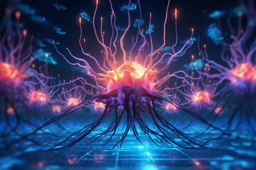 Neural network made of neurons with connected bioluminescent elements, featuring a close-up detail of the intricate web of neural connections. Ai generated