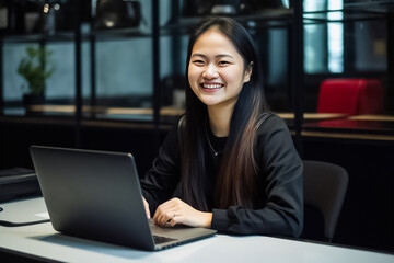 A young and enthusiastic Asian woman posing confidently in front of her laptop, surrounded by a vibrant and modern office environment.