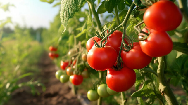 Close-up of ripe red tomatoes on a branchin in farm field,selective focus.Organic and Non-GMO Field Crop Concepts.
