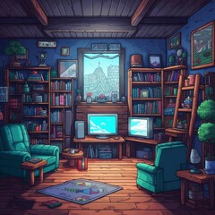 16-bit Pixel Art Room with TV and Books. Generative AI