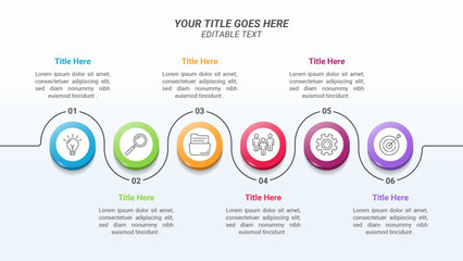Flowchart Infographics From 1 Up to 6 Steps with Isometric Circle and Icon on a 16:9 Ratio Layout for Business Goals, Business Reports, and Website Design.
