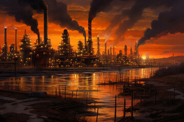 Fototapeta na wymiar Oil refinery at sunset, depicting the industrial landscape and the interplay of light and shadow. The artwork conveys the beauty and the environmental impact of the oil and gas industry. Ai generated
