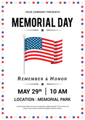 Memorial Day poster templates vector design. Flag of the United States with star frame