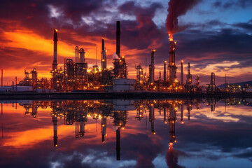 Naklejka premium Oil refinery at sunset, depicting the industrial landscape and the interplay of light and shadow. The artwork conveys the beauty and the environmental impact of the oil and gas industry. Ai generated