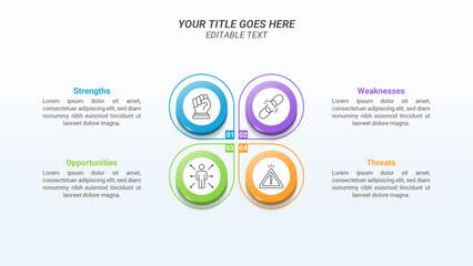 Infographics Diagram with 4 Steps and Business Icon on a 16:9 Ratio Layout for Business Presentations, Goals, Reports, and Website Design.