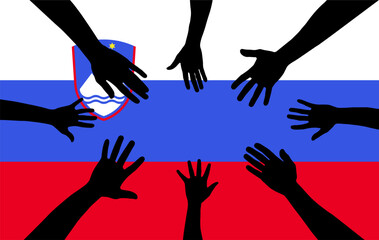 Group of Slovenia people gathering hands vector silhouette, unity or support idea