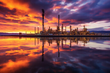 Oil refinery at sunset, depicting the industrial landscape and the interplay of light and shadow. The artwork conveys the beauty and the environmental impact of the oil and gas industry. Ai generated