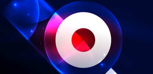 Abstract background shiny glowing neon color round elements and circles. Techno futuristic vector Illustration For Wallpaper, Banner, Background, Card, Book Illustration, landing page