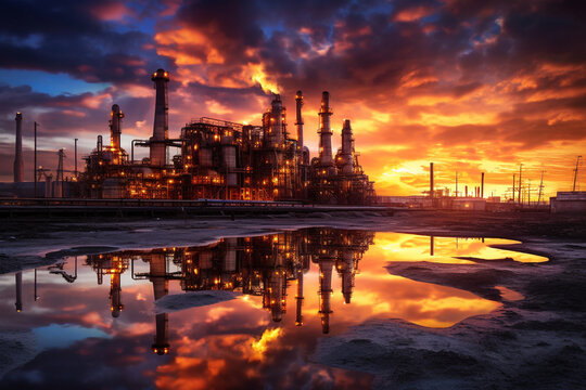 Oil refinery at sunset, depicting the industrial landscape and the interplay of light and shadow. The artwork conveys the beauty and the environmental impact of the oil and gas industry. Ai generated