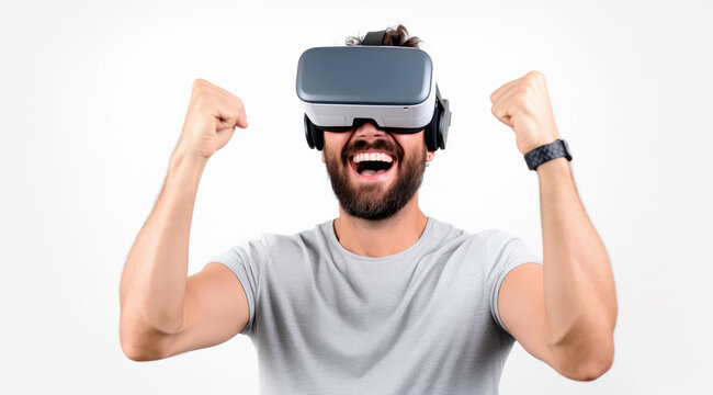  Ilustracion de un hombre con barba que lleva un casco de realidad virtual con una expresión feliz sobre fondo blanco. Ilustracion de IA generativa 