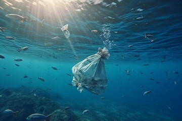 Impact of plastic pollution on the oceans, featuring plastic bags floating in the water and polluting the marine environment. Ai generated