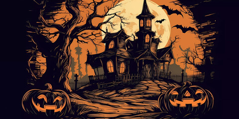 Haunted house with gnarly trees and many Jack-o'-lanterns