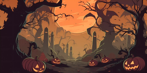 Graveyard with gnarly trees and many Jack-o'-lanterns