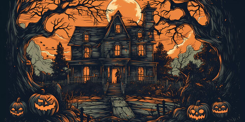 Haunted house with gnarly trees and many Jack-o'-lanterns. Halloween concept.