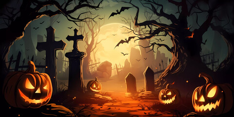 Graveyard with gnarly trees and many Jack-o'-lanterns