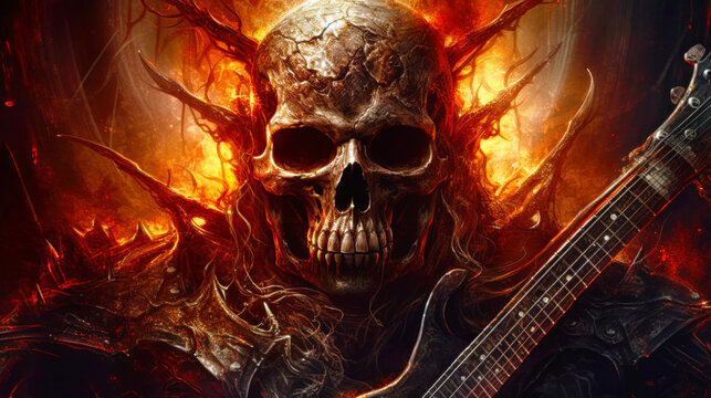 Skull with long hair and guitar in front of blazing background. Generative AI.