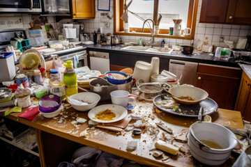 Messy kitchen with dirty dishes on the counter and dishes on the counter. Generative AI.