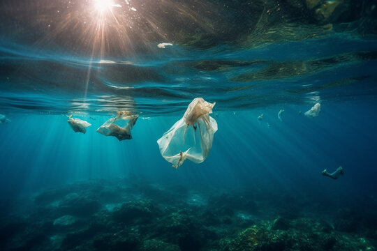 Impact of plastic pollution on the oceans, featuring plastic bags floating in the water and polluting the marine environment. Ai generated