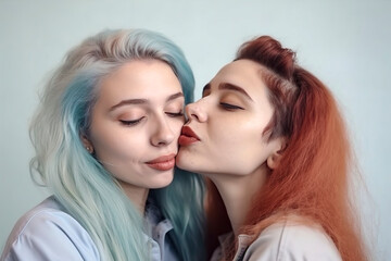 Love in Full Bloom: Young and Beautiful Lesbian Couple Sharing a Passionate Kiss, ai generative