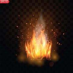 Realistic burning fire flames vector effect with transparency for design.