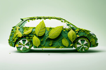 Car made out of green leaves on light green background with reflection of the car. Generative AI.