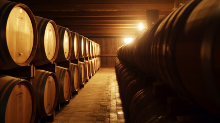 Row of wine barrels in wine cellar with light shining on them. Generative AI.