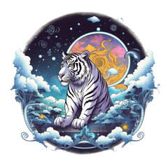 A mystical tiger t-shirt design featuring a tiger in a dreamlike landscape with intricate mandala-inspired patterns, surrounded by ethereal clouds and stars, Generative Ai