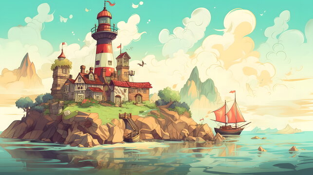 Image of lighthouse on small island with boat in the water. Generative AI