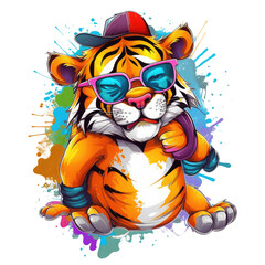 A humorous tiger t-shirt design featuring a cartoon tiger in a playful pose, wearing a pair of sunglasses and a colorful necktie, Generative Ai