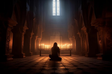 Person on their knees, praying in a gothic church with candles. The artwork depicts the spiritual and mystical experience of connecting with the divine. Ai generated