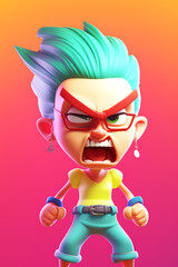Cartoon character with green hair and yellow shirt, with pink background. Generative AI.