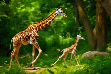 Mother giraffe and her baby walk through the grass in the woods. Generative AI.