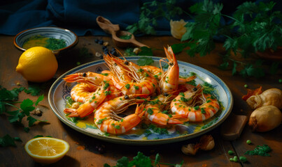 Plate of shrimp with parsley on table with lemon wedges. Generative AI.