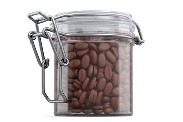 Glass jar with coffee beans isolated on white background.